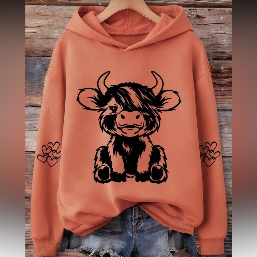 New Highland Cow Sweatshirt Pullover in rust brown